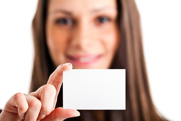 Businesswoman showing a blank card