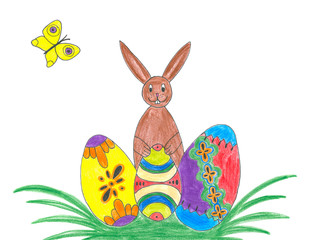 Easter bunny with easter eggs on grass, child's drawing.