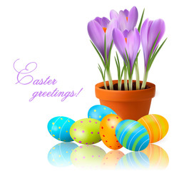 Fresh spring flowers with Easter eggs