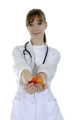 The woman the doctor stretches an apple