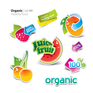 Set of stickers and icons of healthy and organic food. Vector