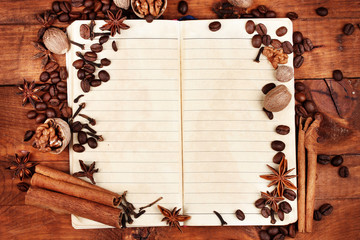 old paper for recipes and spices on wooden table