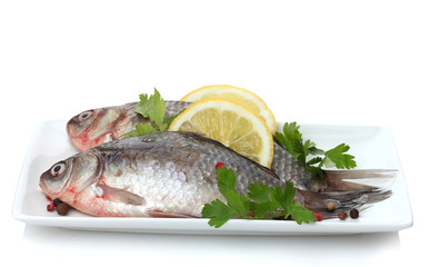 Fresh fishes with lemon and parsley on plate isolated on white