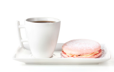 Cake and white cup isolated on white