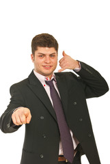 Happy executive male gesturing call me