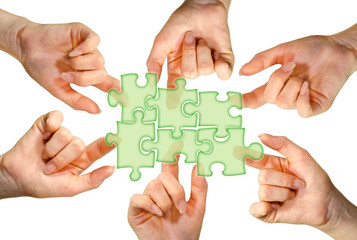 Viele Hände zeigen auf virtuelles Puzzle als Symbol für Teamwork - obrazy, fototapety, plakaty