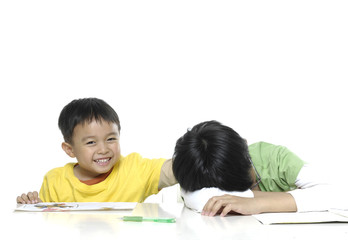 Tired little schoolboy and smile little boy isolated