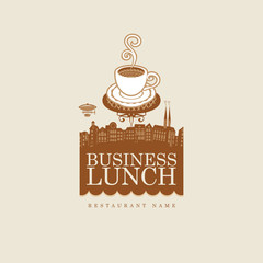 banner with cup of coffee on background of old town