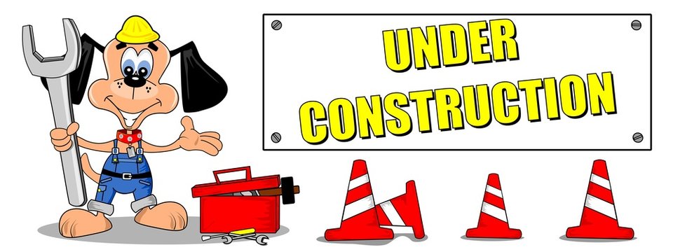 Cartoon dog and tools with under construction sign billboard