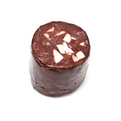 Black pudding or blood sausage on a white background.