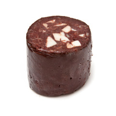 Black pudding or blood sausage on a white background.
