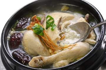 steaming samgyetang, chicken soup with ginseng, korean food