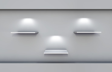 three 3d shelves and spotlights for exhibit in the grey interior