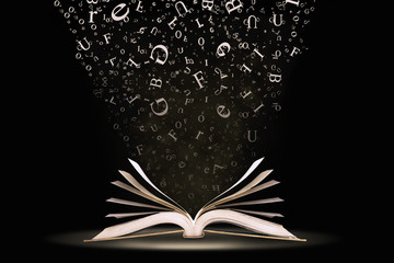A book with falling letters