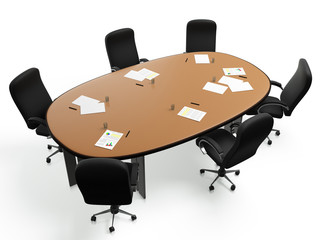 3D images: a large round table with chairs in a circle on a whit