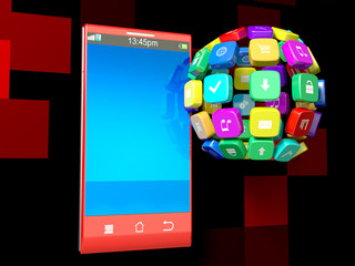 3D Image: Mobile phone, smartphone with icons around the globe o