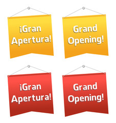 grand opening hanging banners, Spanish and English