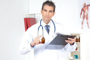 Doctor Holding Clipboard and Bottle