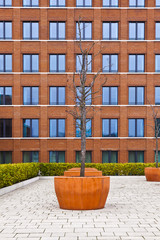 facade of modern brick building with a tree in front