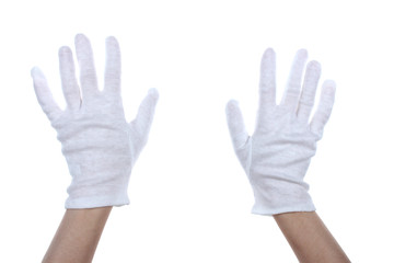 Obraz premium cloth glove on hands isolated on white.