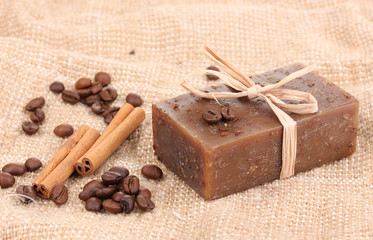 Hand-made soap on sackcloth