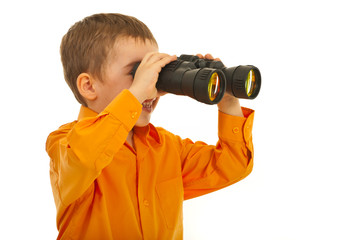Laughing boy looking through binocular