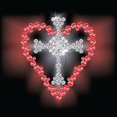 Diamond cross relgious and ruby heart, vector