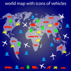 world map with icons of transport for traveling.