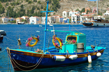 Anchored decorated Greek fishing boat