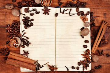 old paper for recipes and spices on wooden table