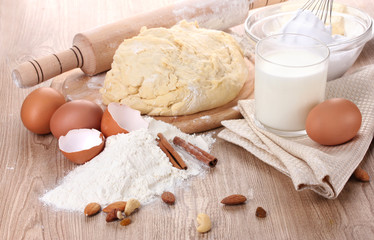 Ingredients for the dough wooden table