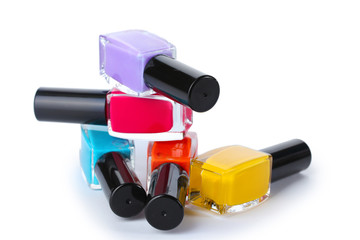 Group of bright nail polishes isolated on white