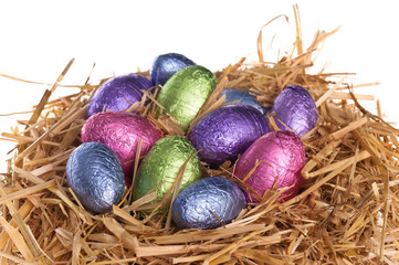 Straw nest with chocolate Easter eggs