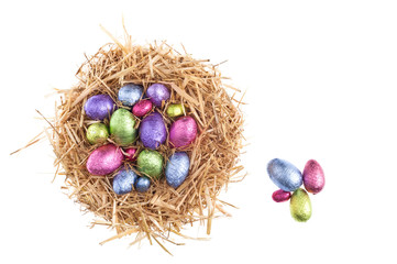 Straw nest with chocolate Easter eggs