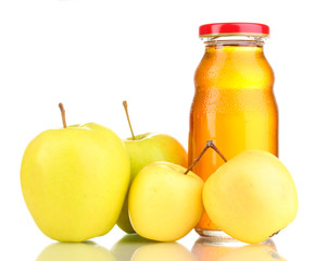 Sweet apples and apple juice isolated on white