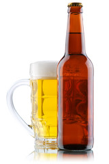 Beer mug and bottle isolated on white background