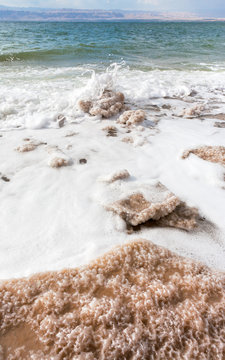 crystalline salt on beach of Dead Sea