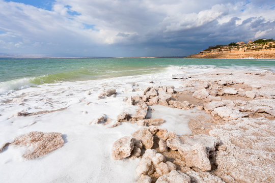 crystal salt beach on Dead Sea coast