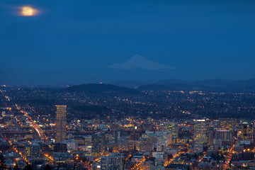 Full Moon Rising Over Portland Cityscape