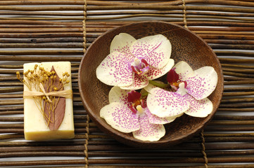 Fototapeta na wymiar Beautiful orchid in brown bowl on mat