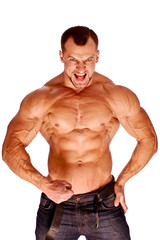 Muscular male bodybuilder on white background