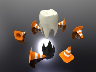 human teeth with traffic cones on a gray background