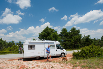 Man is traveling by mobile home