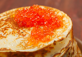 Russian pancakes  with red caviar