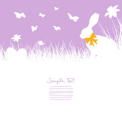 Bunny With Bow In Meadow, Butterflies, Daffodils & Eggs Purple