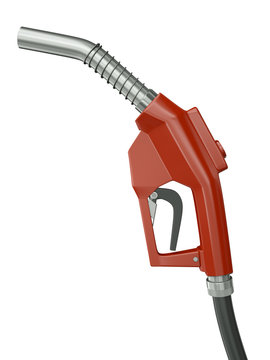Red gas pump nozzle isolated on white background. 3D render