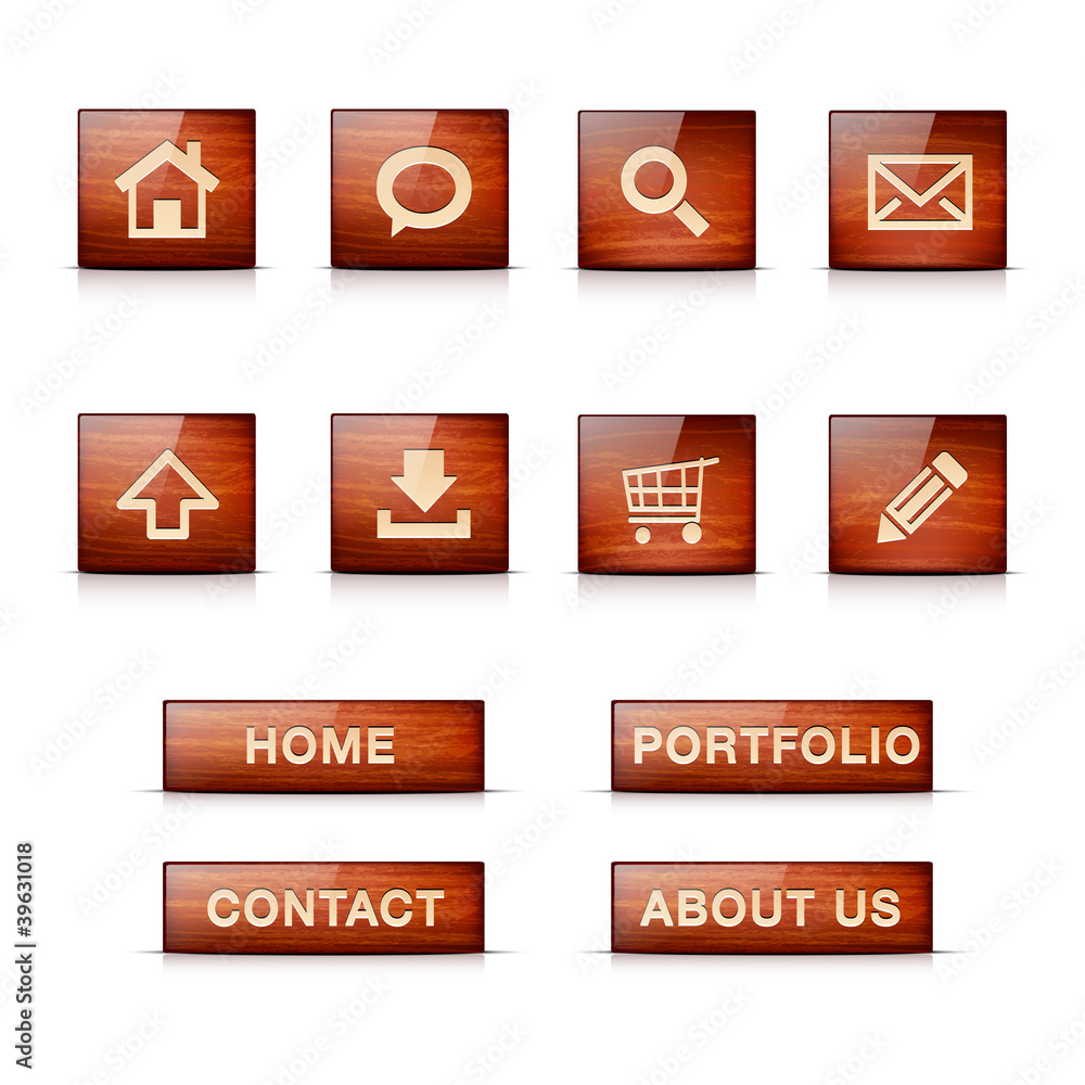 Poster set of glossy wooden vector web icons and menu buttons