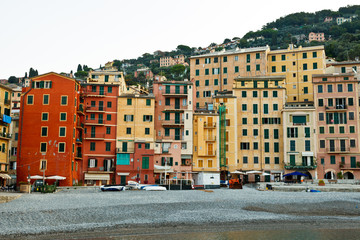 Colorful Facades of Houses on the beach of Camogli, Italy