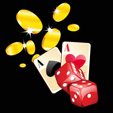 Vector illustration of casino cards, dice and gold coins
