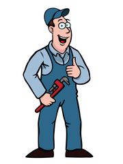 Plumber in overall holding a wrench and his thumbs up